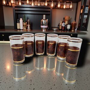 6 Vintage Culver Highball Glasses Tortoiseshell Brazilian Brown 22K Gold Barware